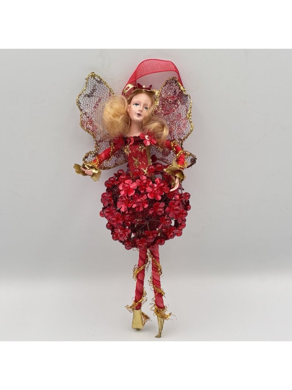 Pixie Blond Fairy Doll Christmas Ornament Red Sparking Dress Wings 8" Bendable